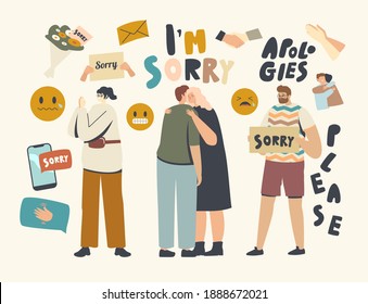 Male Female Characters Apologize. People Say Sorry, Hugging Each Other and Ask to Forgive for Mistake or Offensive Words. Human Relations, Friendship, Forgiveness Concept. Linear Vector Illustration