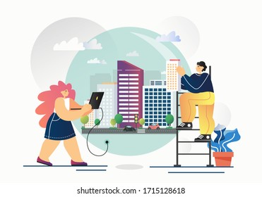 Male and female characters architects or engineers building modern city model, vector flat illustration. Construction engineer services, city planning, development concept for web banner, website page