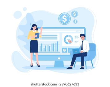 Male and female characters are arranging a schedule for a business trending concept flat illustration