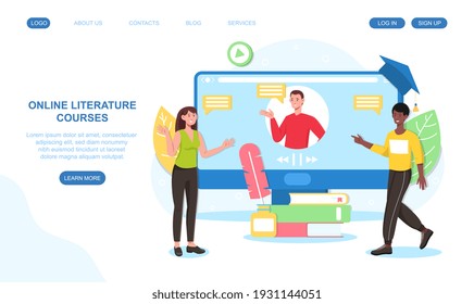 Male and female characters are attending online literature courses on computer. Concept of education and knowledge. Website, web page, landing page template. Flat cartoon vector illustration