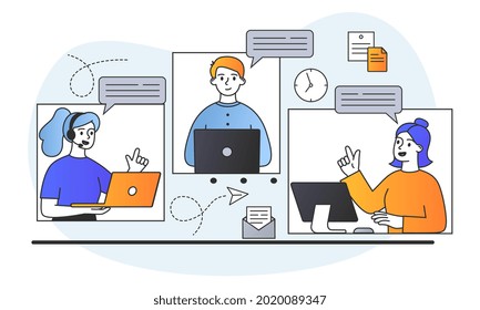 Male and female characters attending video conference online from home for meetings and work. Concept of a cozy desktop with a computer and a monitor with people. Flat cartoon vector illustration