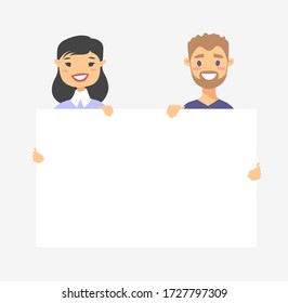 Male and female characters with board. Cartoon style people icons. Isolated guys avatars. Flat illustration men and women faces. Hand drawn vector drawing girls and boys portraits