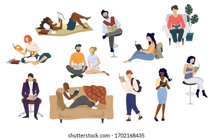 Male and female characters book lovers reading books standing, sitting, lying, vector flat illustration isolated on white background. Different ages diversity people enjoying reading. Education, hobby