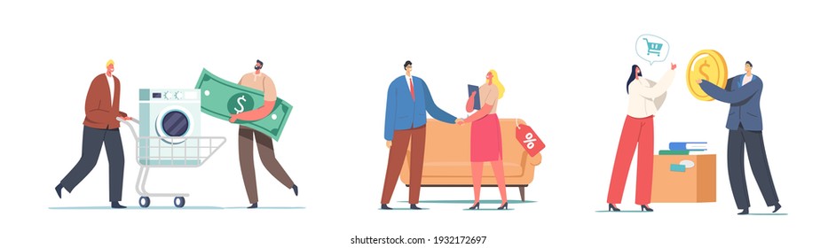 Male and Female Characters Bring Old Things and Technique Scrap to Pawn Shop Concept. Customers Buy and Sell Second Hand Electric Appliances, Furniture, Books. Cartoon People Vector Illustration
