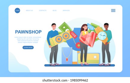 Male and female characters bringing scrap to pawnshop. Customers buying and selling second hand jewelry and electronics. Website, web page, landing page template. Flat cartoon vector illustration