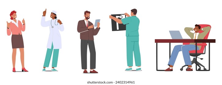 Male and female Characters, Businessman, Businesswoman, Traumatologist doctor with X-ray Image, Physician, Programmer or Developer with Laptop Sitting at Desk. Cartoon People Vector Illustration