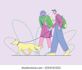 Male and Female Characters in casual clothes walking a dog. Dog with a collar. Backpacks and casual outfits. Isolated composition with abstract green background lines. Flat Vector Illustration.