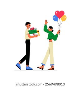 Male And Female Characters Celebrating With Balloons And Gifts In Flat Vector Illustration Symbolizing Festivity, Joy, And Sharing, Isolated On White Background