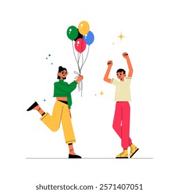 Male And Female Characters Celebrating With Balloons In Flat Vector Illustration Symbolizing Festivity, Joy, And Friendship, Isolated On White Background.