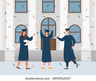 Male and female characters celebrating graduation ceremony. Hapy graduated students are standing with hands up in front of the university. Flat cartoon vector illustration