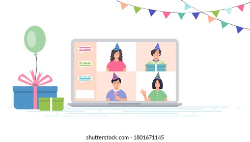 Male and female characters are celebrating their birthday online. A group of characters in a birthday cap on a laptop screen. Online communication concept. Internet party, meeting with friends.