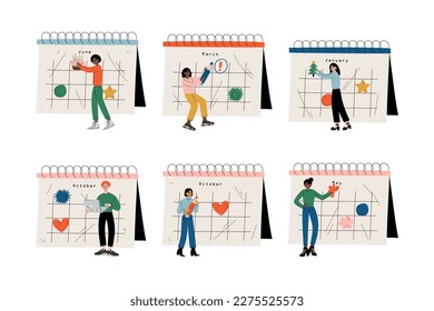 Male and female characters checking events in big calendar set. People planning schedule and agenda. Time management concept cartoon vector illustration