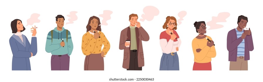 Personajes masculinos y femeninos con cigarrillos y uvas. Personas aisladas fumando, personas adictas a la nicotina y al tabaco. Hombres y mujeres. Vector de estilo plano