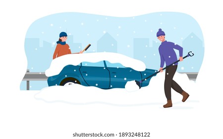 Male and female characters cleaning car from snow. Man and woman cleaning snow with shovel and brush. Flat cartoon vector illustration