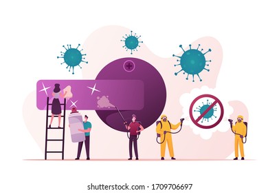 Male and Female Characters Cleaning Room from Contagious Covid19 Cells. People in Hazmat Protective Suits and Masks Spraying Disinfectant to Stop Coronavirus Pandemic. Cartoon Vector Illustration