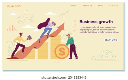 Male and female characters climbing up growing arrow together as a business team. High potential and company developement. Website, we page, landing page template. Flat cartoon vector illustration