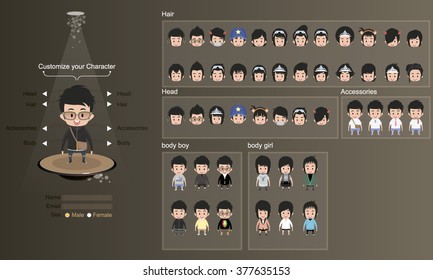 Male and female characters with clothes, hairstyles and accessory. character design - vector illustration
