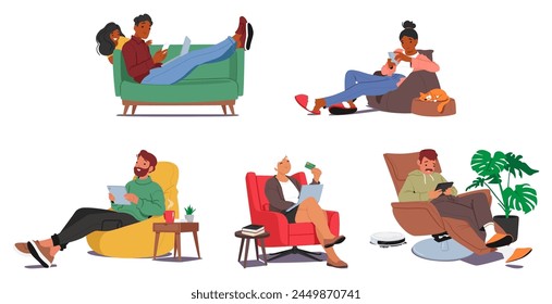 Male and Female Characters Comfortably Seated On Armchairs, Engrossed In Their Tablets, Browsing And Shopping Online, With Expressions Of Leisure And Satisfaction. Cartoon People Vector Illustration