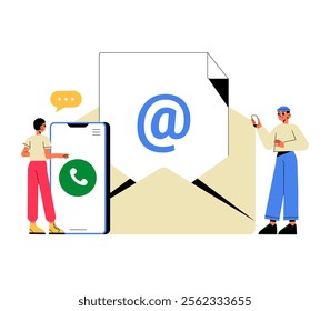 Male And Female Characters Communicating With Email And Phone In Flat Vector Illustration Symbolizing Digital Contact And Support, Isolated On White Background