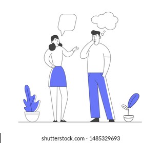 Male and Female Characters Communication with Dialog Speech Bubbles. Couple of Young People Speaking Together. Teamwork and Connection Business People Discuss Cartoon Flat Vector Illustration Line Art