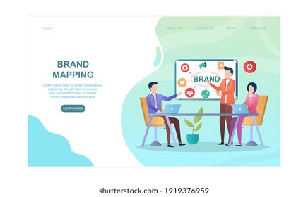 Male and female characters in conference room brand mapping. Concept of building company brand perception. Website, web page, landing page template. Flat cartoon vector illustration