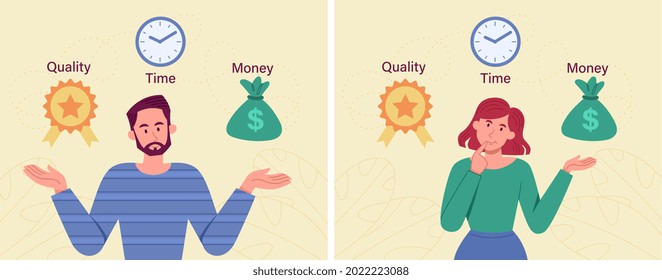 Male and female characters are contemplating over conflicting interrelated business values triangle. Concept of time, money cost or quality question. Flat cartoon vector illustration