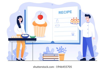 Male and female characters are cooking cupcakes together. Man and woman are standing next to recipe in cook book. Happy smiling chefs enjoing the process of cooking. Flat cartoon vector illustration