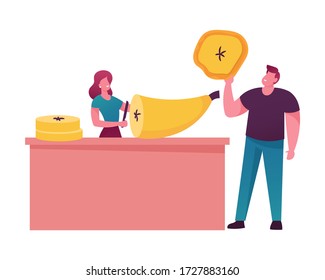 Male and Female Characters Cooking and Eating Fruit Chips. Tiny Woman Cutting Huge Banana, Man Holding Slice Isolated on White Background. Healthy Vegetarian Food. Cartoon People Vector Illustration