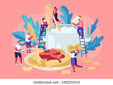 Male and Female Characters Cooking Pasta, Putting Spaghetti and Dry Macaroni of Various Kinds, Fusilli, Conchiglio, Rigatoni, Farfalle, in Huge Pan with Boiling Water Cartoon Flat Vector Illustration