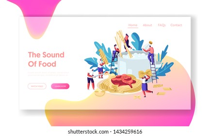 Male and Female Characters Cooking Pasta, Putting Spaghetti and Dry Macaroni of Various Kinds in Huge Pan with Boiling Water Website Landing Page, Web Page. Cartoon Flat Vector Illustration, Banner