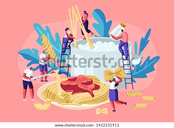 Male and Female Characters Cooking Pasta,\
Putting Spaghetti and Dry Macaroni of Various Kinds, Fusilli,\
Conchiglio, Rigatoni, Farfalle, in Huge Pan with Boiling Water\
Cartoon Flat Vector\
Illustration