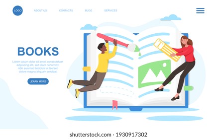 Male and female characters are creating big book together. Concept of book publication process. Book with pictures and texts. Website, web page, landing page template. Flat cartoon vector illustration