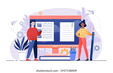 Male and female characters creating content together. Concept of content creation, blog post, social media. Man and woman standing next to computer with media files. Flat cartoon vector illustration