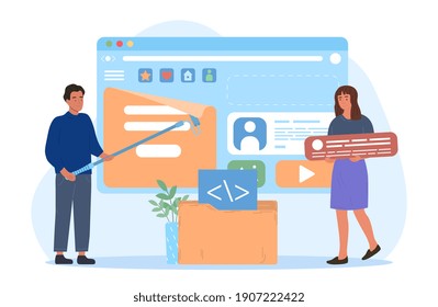 Male and female characters are creating web content. Man and woman are filling web page with documents, cards, posters and texts. Flat cartoon vector illustration