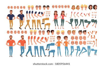 Male and Female Characters Creation Set, People Constructor with Various Views, Face Emotions, Poses Cartoon Style Vector Illustration