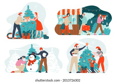 Male, female characters customers hurrying with festive purchases box, bags, surprises, fir. Family decorate xmas tree together. Xmas people giving New Year gifts vector illustration.