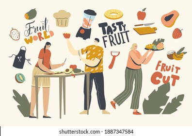 Male and Female Characters Cut Different Fruits for Serve Table. Men and Women Peeping and Curving Garden and Exotic Tropical Fruit Assortment, Healthy Eating, Hobby. Linear People Vector Illustration