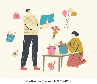 Male and Female Characters Cutting Wrapping Paper, Making Gifts for Holidays Celebration and Warm Congratulations to Friends and Family, Festive Season Activity, Presents. Linear Vector Illustration