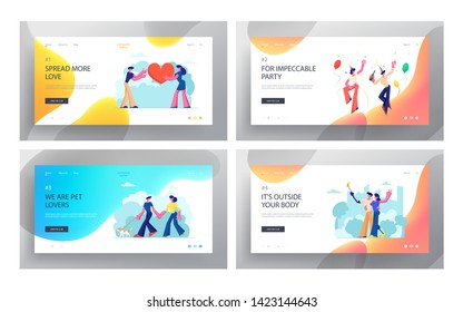 Male and Female Characters Dating, Loving Healthy and Disabled Couples Spending Time Together, Walking with Pet, Party, Website Landing Page Set, Web Page. Cartoon Flat Vector Illustration, Banner