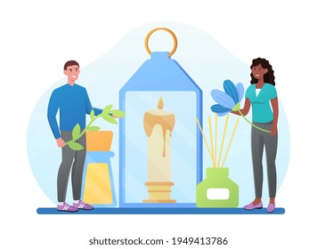 Male and female characters are decorating aroma candles together. Smiling man and woman are creating cute design with flowers, aroma sticks and candlelight. Flat cartoon vector illustration