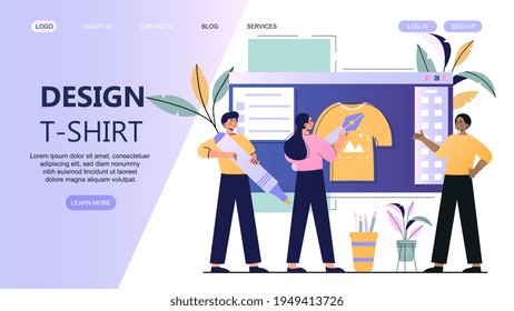 Male and female characters are designing t-shirt together. Concept of custom merchandise products, merch design service. Website, web page, landing page template. Flat cartoon vector illustration