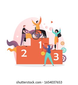 Male and female characters disabled athletes champions in wheelchair with leg prosthesis standing on winner podium, vector illustration. Sport games concept for web banner, website page etc.