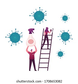 Male and Female Characters Disinfect Shop Equipment. Man Holding Huge Sprayer with Antibacterial Liquid Disinfectant, Woman Stand on Ladder Cleaning Things in Store. Cartoon People Vector Illustration