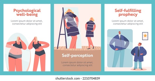 Male and Female Characters with Distorted Inadequate Perception Cartoon Banners. Skinny and Fat Men or Women Look At Mirror And Dreaming To Be Strong or Slim, People High Self-esteem. Vector Posters