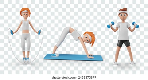 Male and female characters do different sports exercises. Color icons for modern types of sports