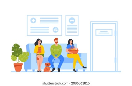 Male or Female Characters with Dogs and Cats Visit Vet Clinic. Pet Lovers with Animals Waiting in Veterinary Clinic Queue Sit on Sofa in Hospital Interior with Pets. Cartoon People Vector Illustration