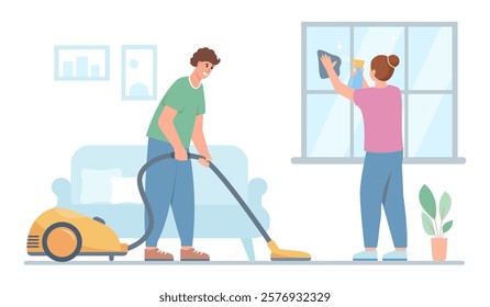 Male and female characters doing housework and cleaning home. Man with vacuum cleaner and woman washing window. Young family routine. Vector illustration on white background.