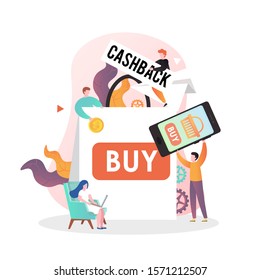 Male and female characters doing online shopping with cash back, vector illustration. Cashback or money refund concept for web banner, website page etc.