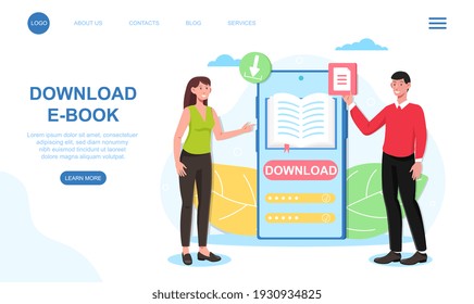 Male and female characters are downloading e-books to their smartphone. Choose a book to download and read on smartphone. Website, web page, landing page template. Flat cartoon vector illustration