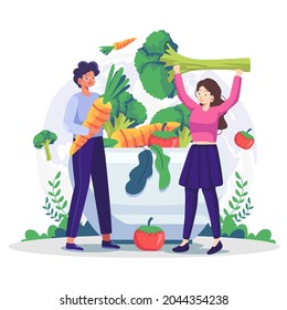 Male and Female Characters Eating Healthy Food. The body needs a variety of nutrient. Vegetables should be eaten for fiber and vitamins for growth and strength. Human eat healthy fruits and vegetables